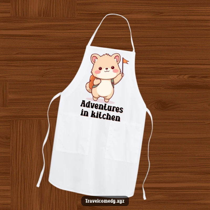 Funny apron print of a cute furry animal with a backpack, cheerfully waving a small flag.