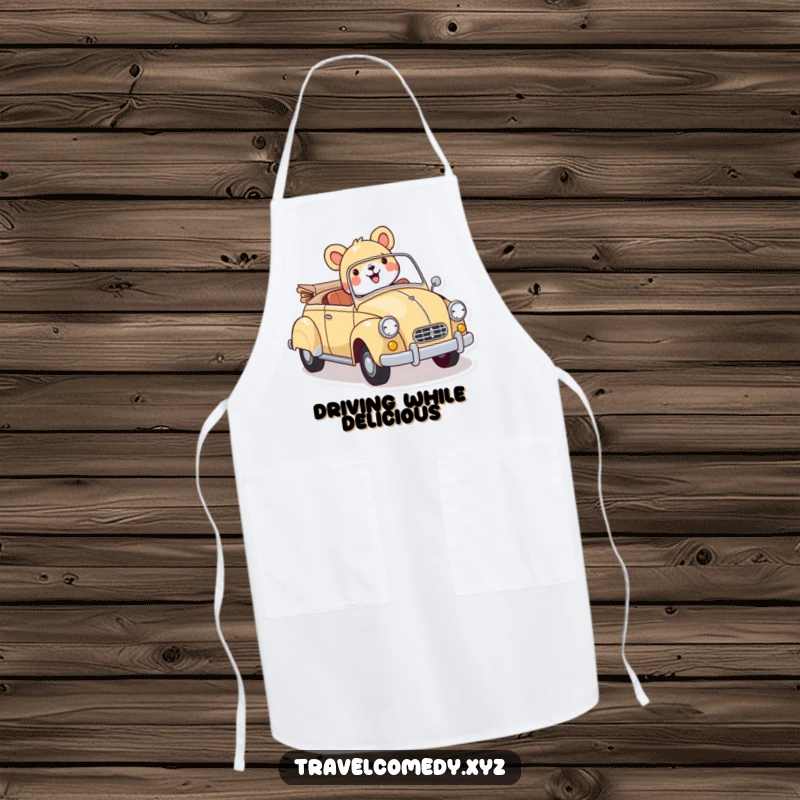 Funny apron: cheerful animal character happily driving a colorful vintage car, perfect for a fun and playful cooking experience.