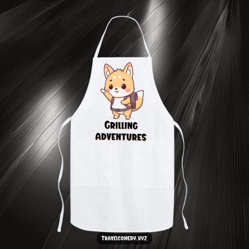 Funny apron showcasing a cute animal character with a tiny backpack, eagerly pointing forward while cooking.