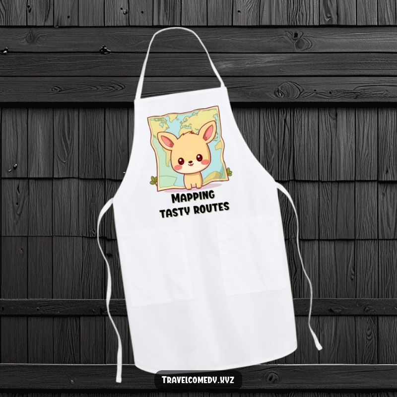 Funny apron: happy animal character gazing at a giant stylized map, perfect for kitchen adventures and culinary exploration.