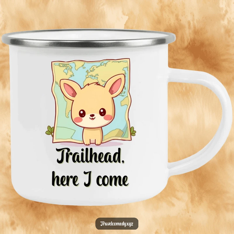Funny camping mug: happy animal character gazing at a giant stylized map, perfect for outdoor adventures and morning brews.