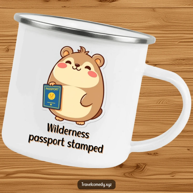 Funny camping mug print of a cheerful, round animal smiling broadly, holding a passport.