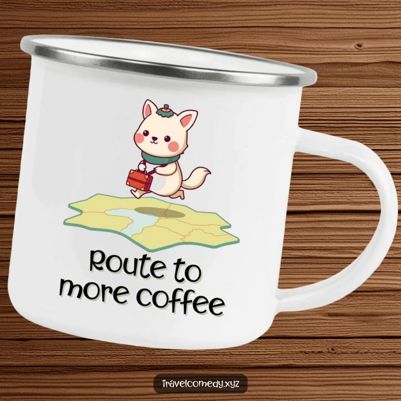 Funny camping mug print of a stylized animal with tiny luggage, energetically hopping across a stylized map.