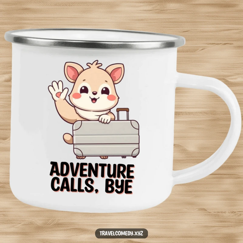 Funny camping mug: happy animal character holding a large suitcase, waving goodbye with a smile, perfect for outdoor adventures.