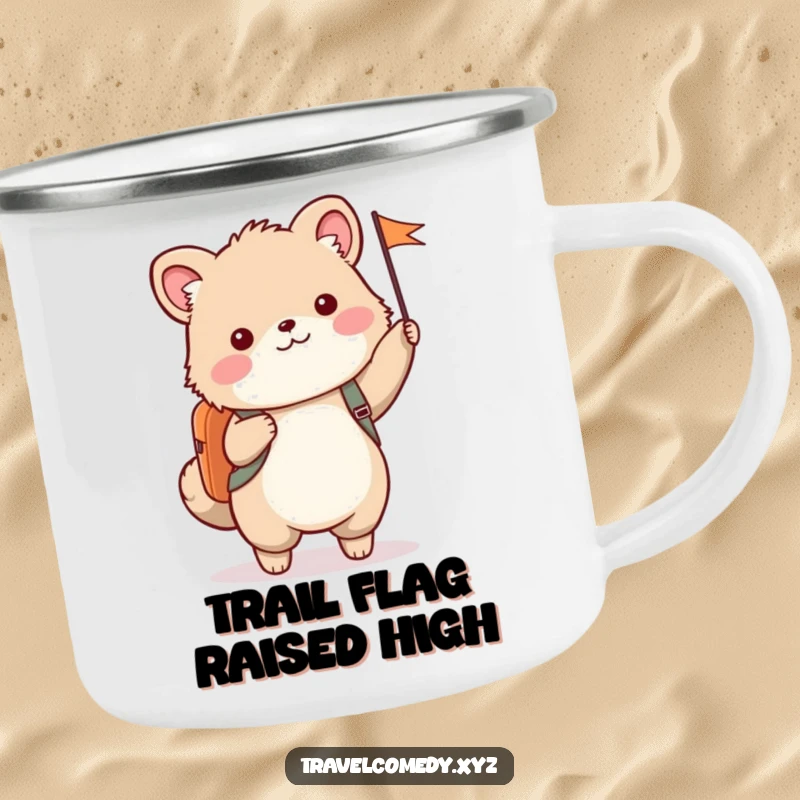 Funny camping mug print of a cute furry animal with a backpack, joyfully waving a small flag.
