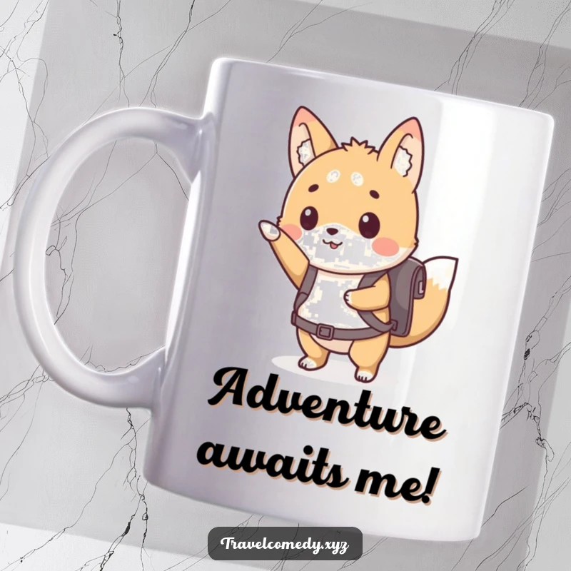 Funny mug showing a cute animal character with a tiny backpack, eagerly pointing forward, ready for adventure.