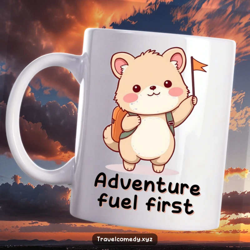 Funny mug showing a cute furry animal wearing a backpack and happily waving a small flag, ready for adventure.