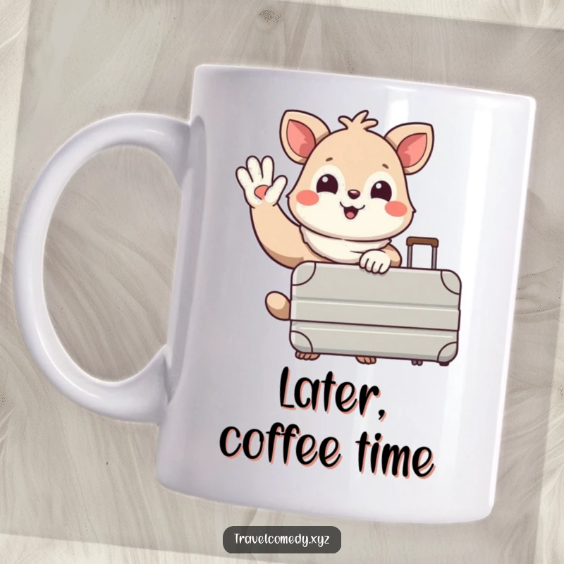 Funny mug: happy animal character holding a large suitcase, waving goodbye with a cheerful smile, ready for adventure.