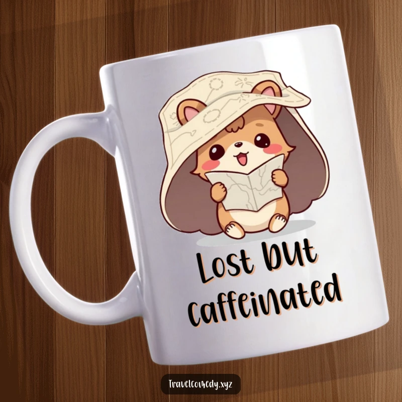 Funny mug depicting a playful animal character with an unfurled map, hilariously attempting to read it upside down.