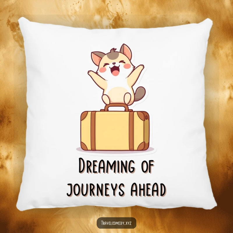 Funny pillow with a small, ecstatic animal mid-air over a tiny suitcase, expressing ultimate joy and playful adventure.