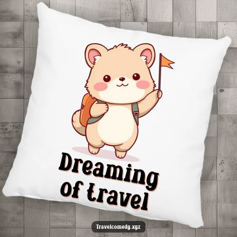 Funny pillow design of a cute furry animal with a backpack, happily waving a small flag.