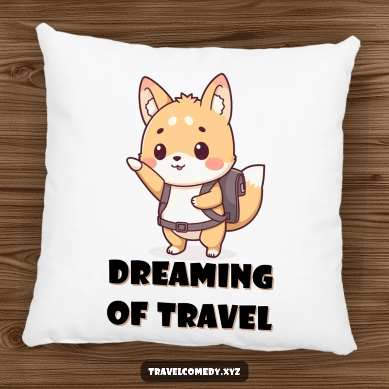 Funny pillow featuring a cute animal character with a tiny backpack, eagerly pointing forward, symbolizing readiness for adventure.