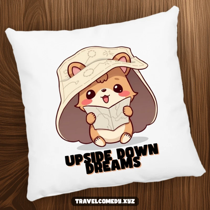 Funny pillow design of a playful animal character with an unfurled map, hilariously attempting to read it upside down.