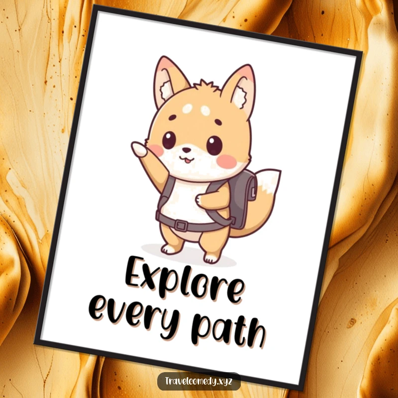 Funny digital art print of a cute animal character with a tiny backpack, eagerly pointing forward towards new adventures.