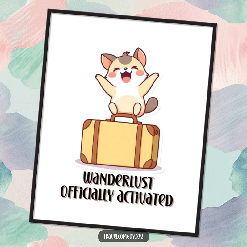 Funny digital art print of a small, ecstatic animal leaping over a tiny suitcase, radiating pure, infectious happiness and adventure.