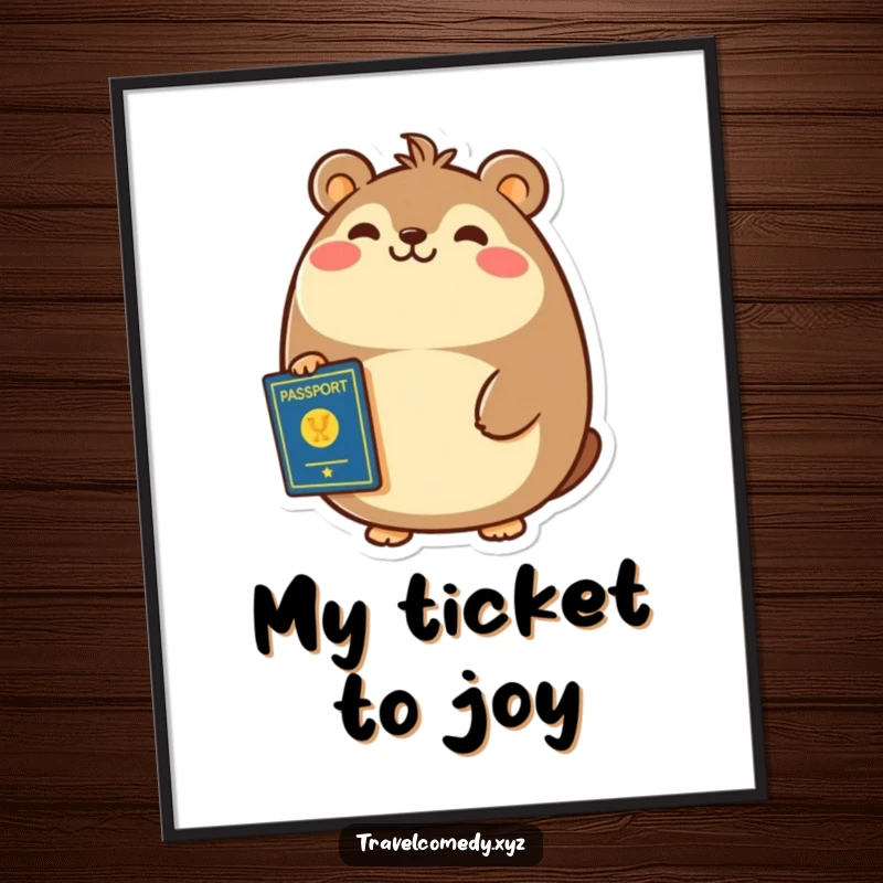 Funny digital art print of a cheerful, round animal smiling broadly, clutching a passport in its paw.