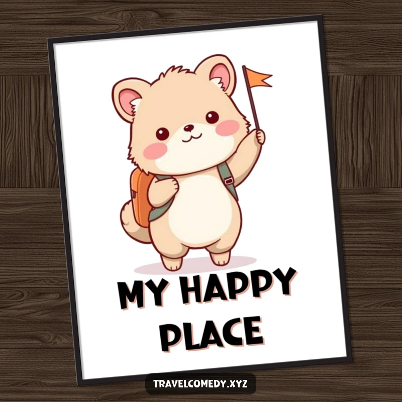 Funny digital art print of a cute furry animal wearing a backpack and joyfully waving a small flag.