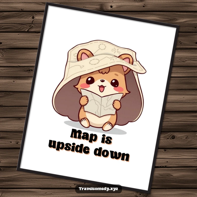 Funny digital art print of a playful animal character with an unfurled map, hilariously attempting to read it upside down.