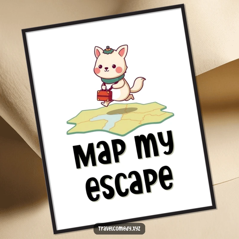 Funny digital art print of a stylized animal with tiny luggage, energetically hopping across a stylized map.