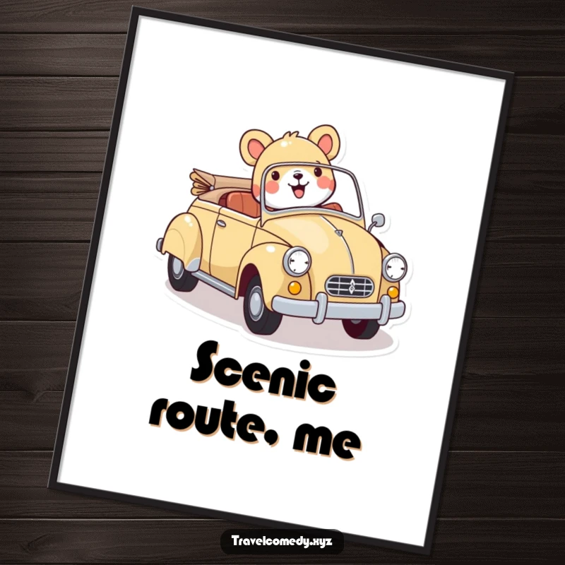 Funny digital art print: cheerful animal character joyfully driving a colorful vintage car, offering instant visual delight and retro appeal.