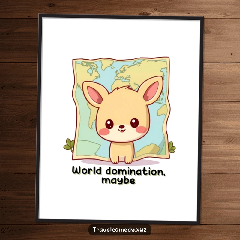 Funny digital art print: happy animal character gazing at a giant stylized map, perfect for inspiring adventure and exploration.