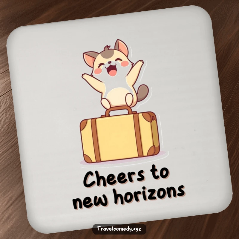 Funny drink coaster showing a small, jubilant animal leaping over a tiny suitcase, protecting surfaces with playful energy.