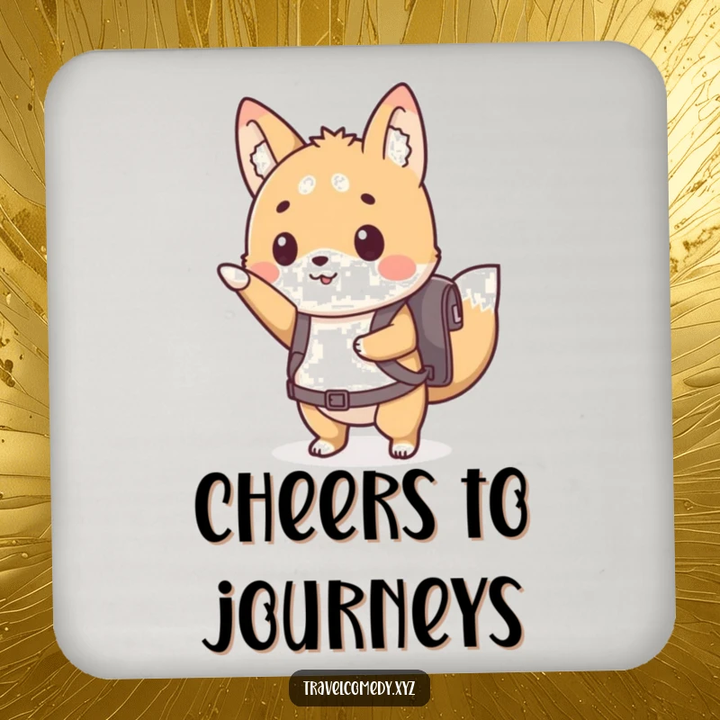 Funny drink coaster featuring a cute animal character with a tiny backpack, eagerly pointing forward, adding whimsy.