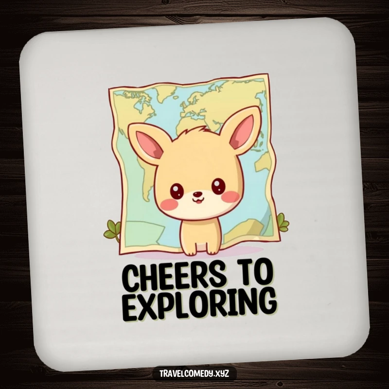 Funny coasters: happy animal character gazing at a giant stylized map, perfect for protecting surfaces with an adventurous theme.