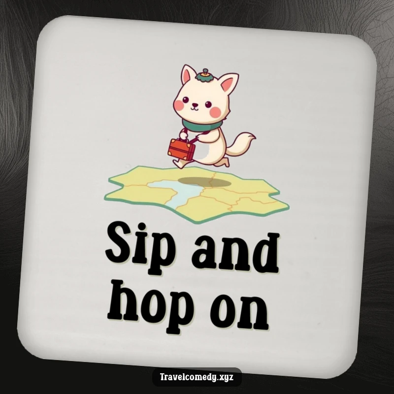 Funny drink coaster showing a stylized animal with tiny luggage, energetically hopping across a stylized map.