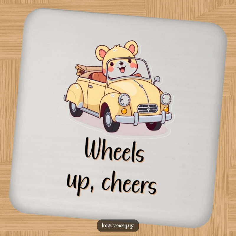 Funny coasters: cheerful animal character happily driving a colorful vintage car, protecting surfaces with a dose of retro charm.