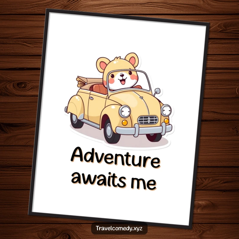 Funny poster: a cheerful animal character joyfully driving a vibrant vintage car, creating a lively and happy atmosphere.