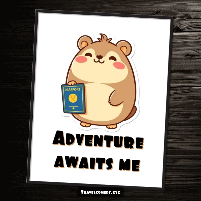 Funny poster art of a cheerful, round animal smiling broadly, clutching a passport in its paw.