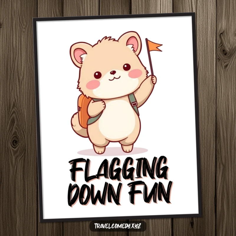Funny poster art of a cute furry animal wearing a backpack and joyfully waving a small flag.