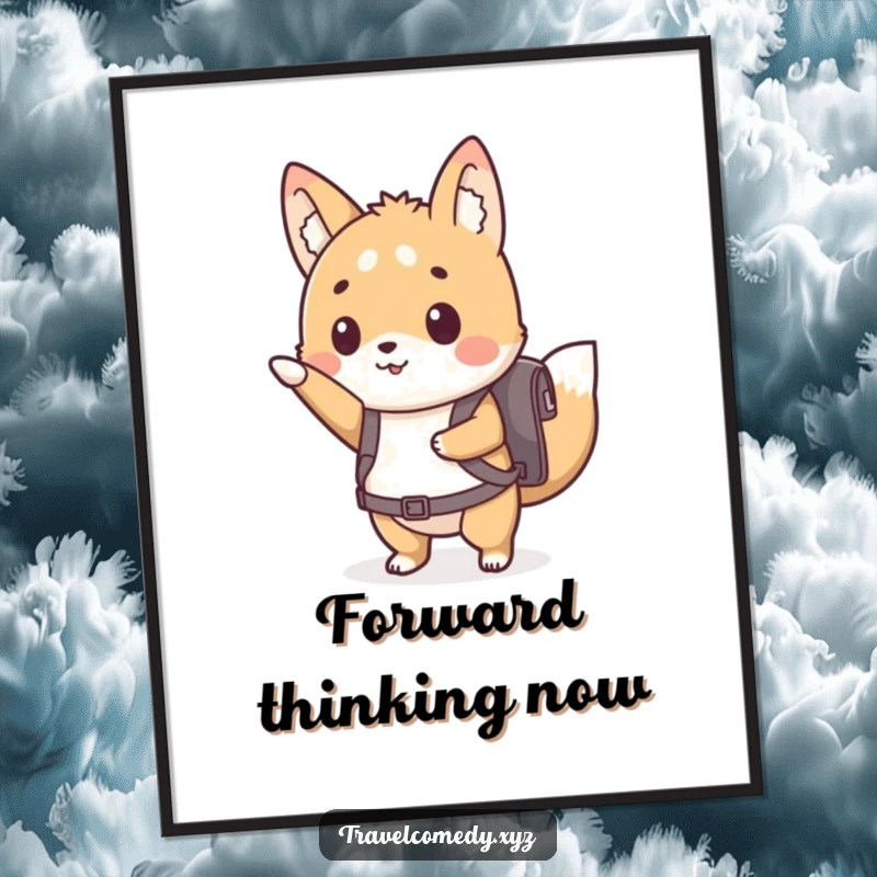 Funny poster art of a cute animal character with a tiny backpack, enthusiastically pointing forward towards new horizons.