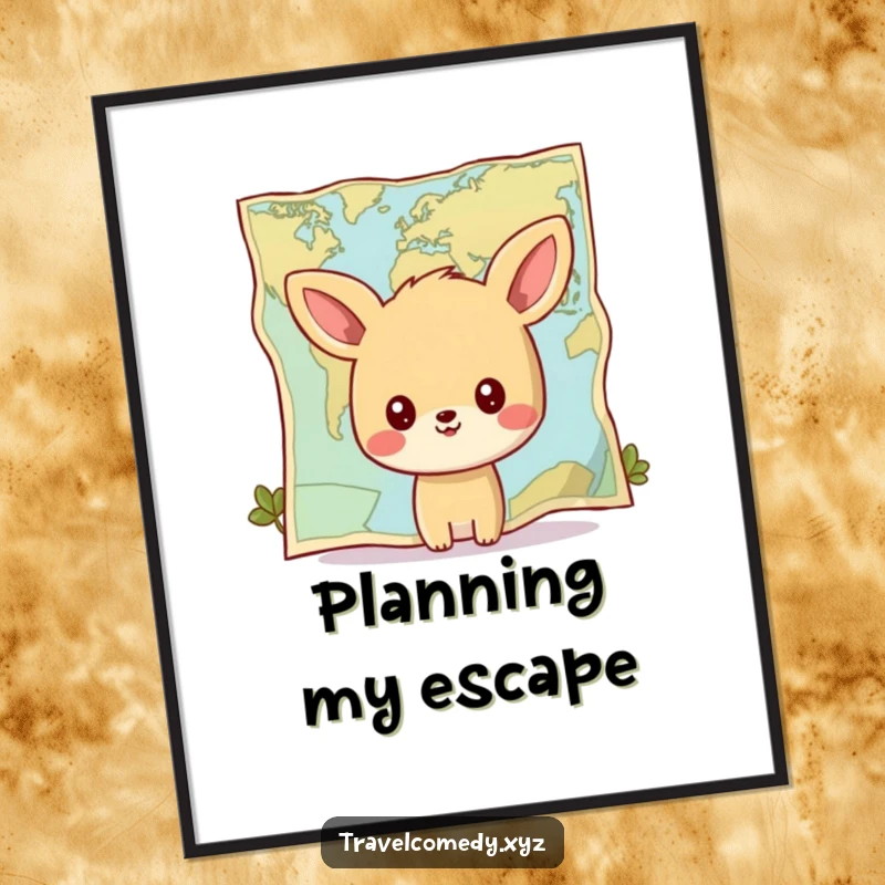 Funny poster: happy animal character looking at a giant stylized map, inspiring exploration and a sense of adventure.