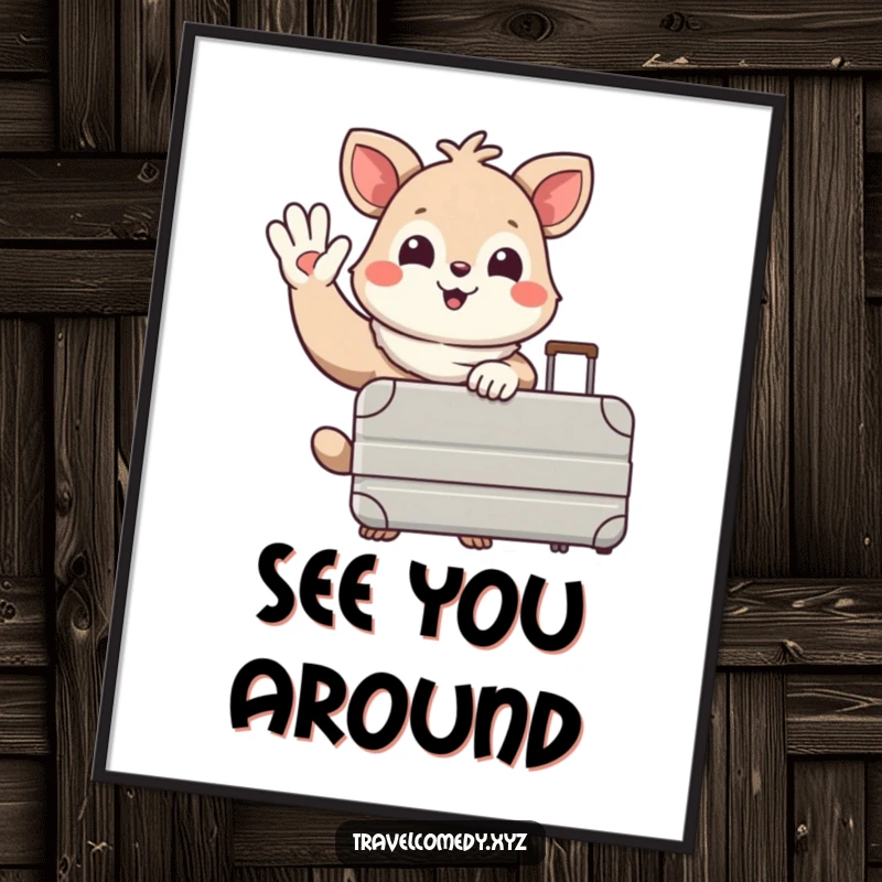 Funny poster: happy animal character holding a large suitcase, waving goodbye with a smile, inspiring wanderlust and adventure.