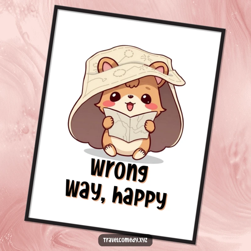 Funny poster art of a playful animal character with an unfurled map, humorously attempting to read it upside down.