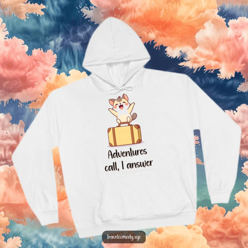 Funny hoodie showing a small, thrilled animal airborne over a tiny suitcase, celebrating a moment of pure, unadulterated fun.