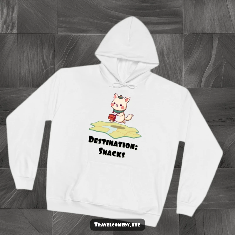 Funny hoodie design of a stylized animal with tiny luggage, energetically hopping across a stylized map.