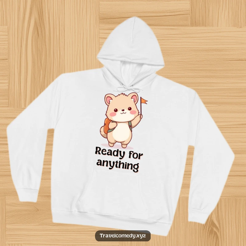 Funny hoodie design of a cute furry animal with a backpack, happily waving a small flag.
