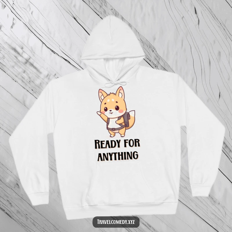 Funny hoodie featuring a cute animal character wearing a tiny backpack, eagerly pointing forward, symbolizing a readiness for adventure.