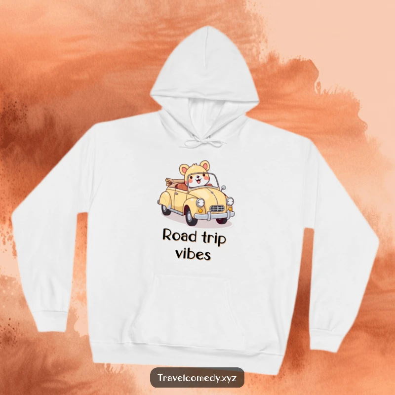 Funny hoodie: a cheerful animal character gleefully driving a bright vintage car, radiating happiness and a carefree spirit.