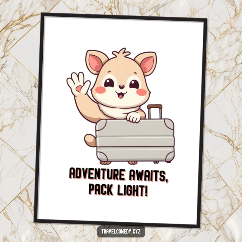 Funny Free Printable Wall Art: A smiling animal waves goodbye holding a suitcase, symbolizing journeys and new beginnings.