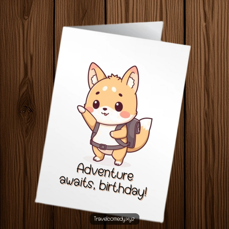 Funny free printable birthday card: A cute animal with a tiny backpack eagerly points forward, ready for adventure.