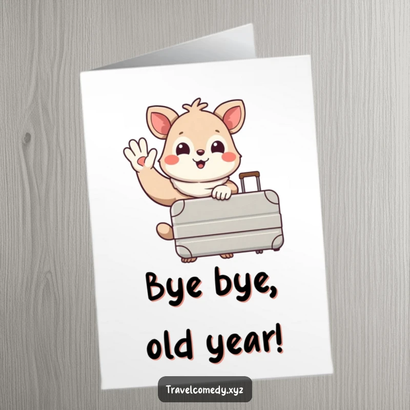 Funny Free Printable Birthday Card: A smiling animal waves goodbye, holding a large suitcase, wishing a happy birthday.