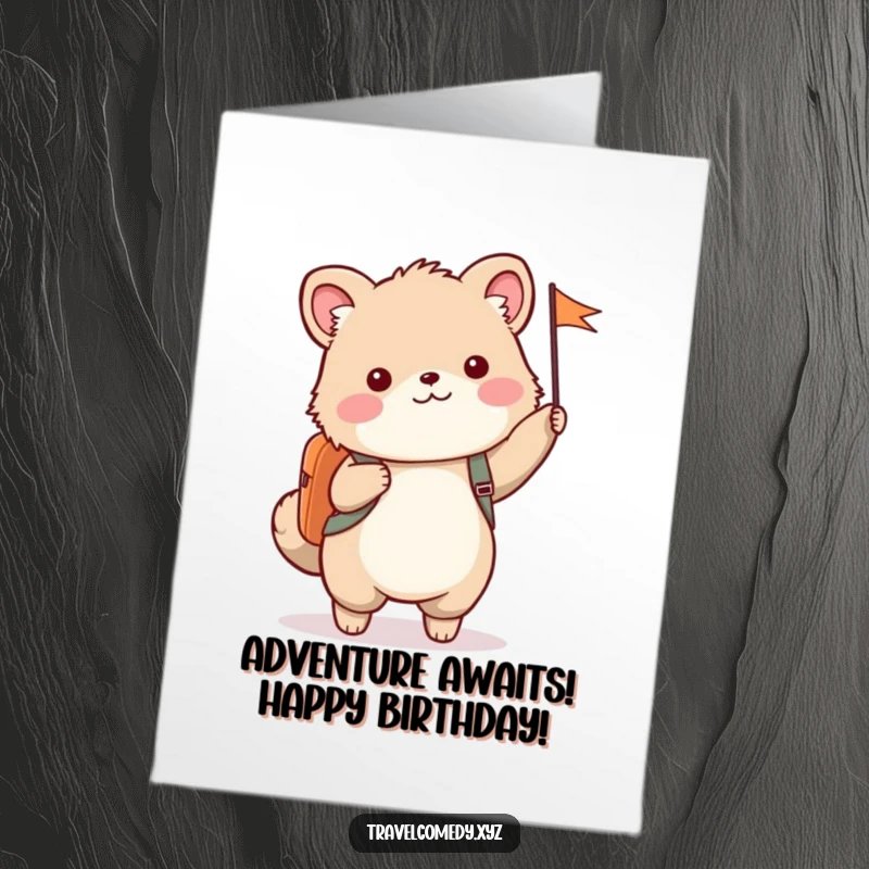 Funny free printable birthday card: cute furry animal with backpack, happily waving a small flag, festive greeting