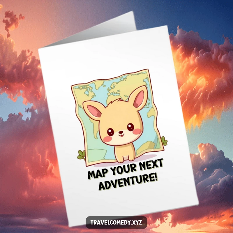 Funny Free Printable Birthday Card: Happy animal looking at a giant map, wishing a birthday full of exploration.