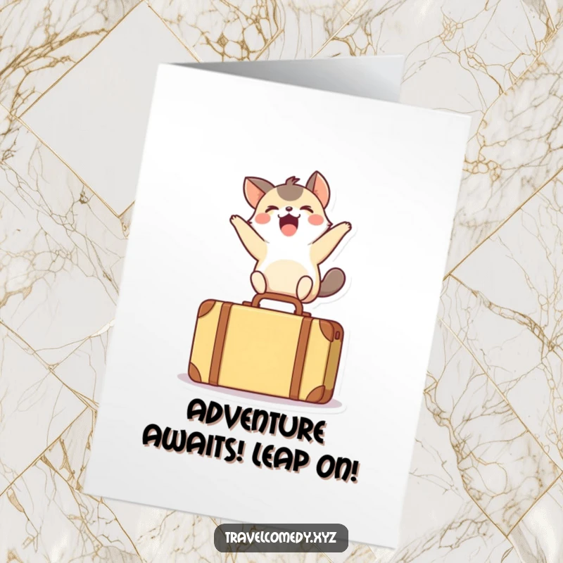 Funny Free Printable Birthday Card: Energetic dog leaps joyfully over a tiny suitcase, ready for birthday adventures.
