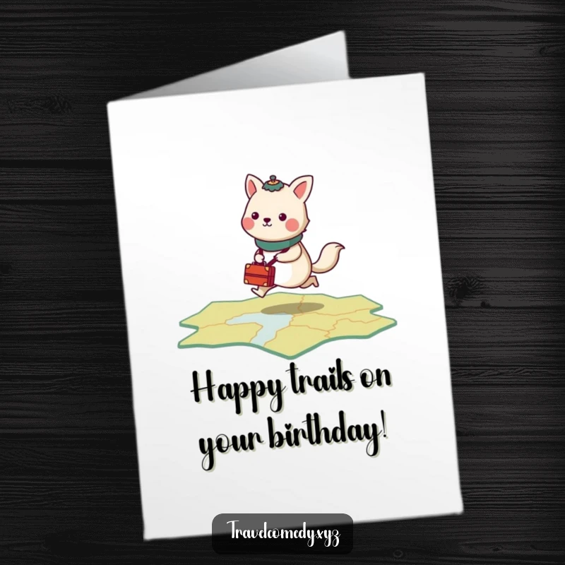 Funny free printable birthday card: stylized animal with tiny luggage hopping energetically across a stylized map, birthday travel