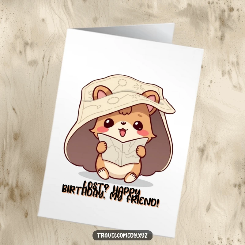Funny free printable birthday card: playful animal trying to read a map upside down, lost expression, birthday humor